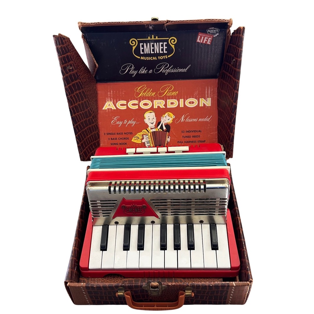 Vintage Emenee Golden Piano Accordion Musical Toy Red with Case Mid Century